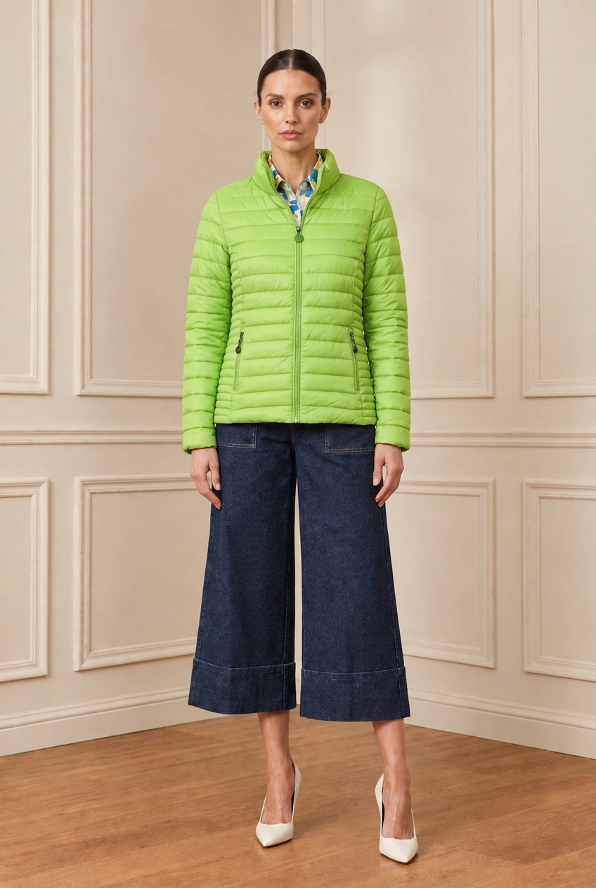 Modelo con chaqueta verde acolchada, pantalón denim y zapatos blancos