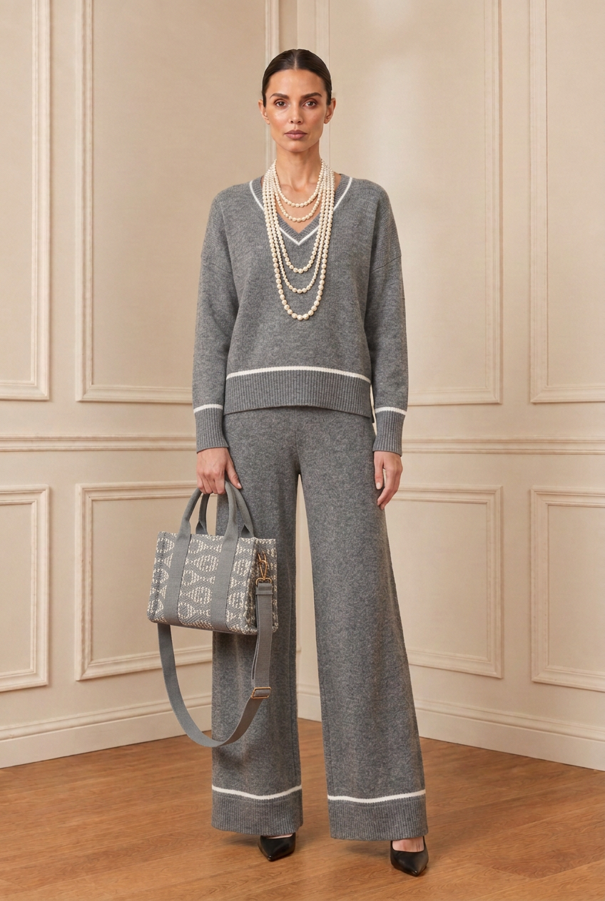 Modelo con conjunto gris y bolso gris de asas cortas