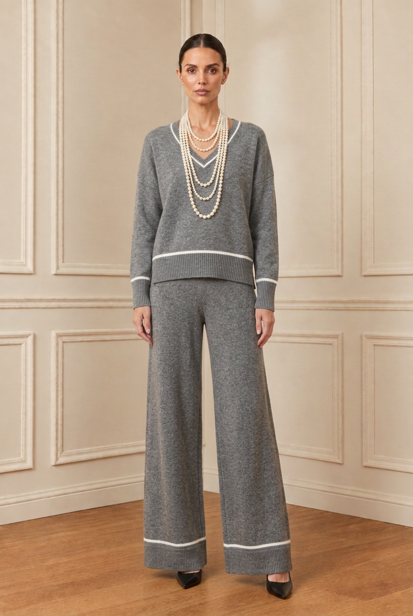 Modelo con conjunto gris y vivo blanco, sin bolso