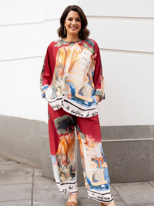 Conjunto top capa y pantalón palazzo estampado italiano tallas grandes mujer muestrarios moda mediana edad elegante