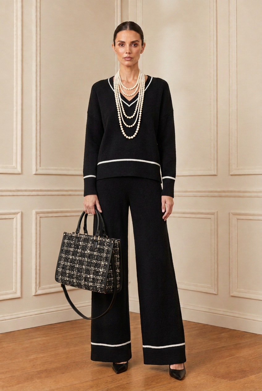 Modelo con conjunto negro y bolso de tweed
