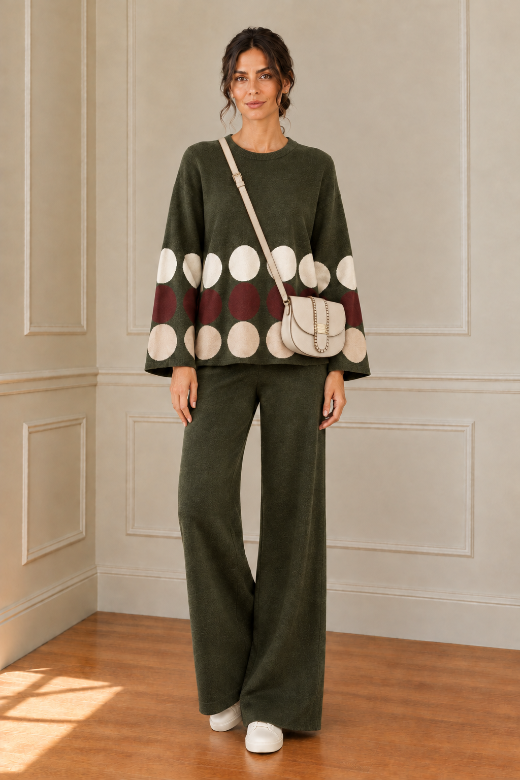 Modelo con conjunto verde oliva y bolso beige cruzado