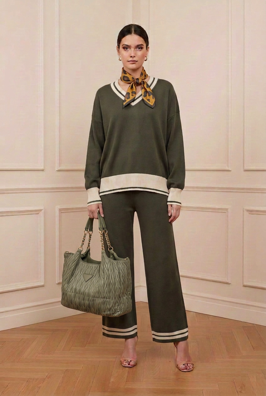 Modelo con conjunto verde, pañuelo mostaza y bolso verde