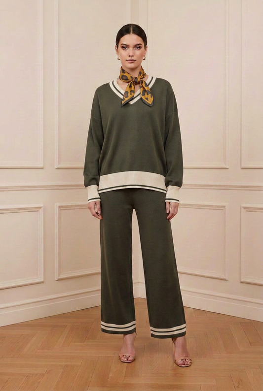 Modelo con conjunto verde y pañuelo mostaza de leopardo
