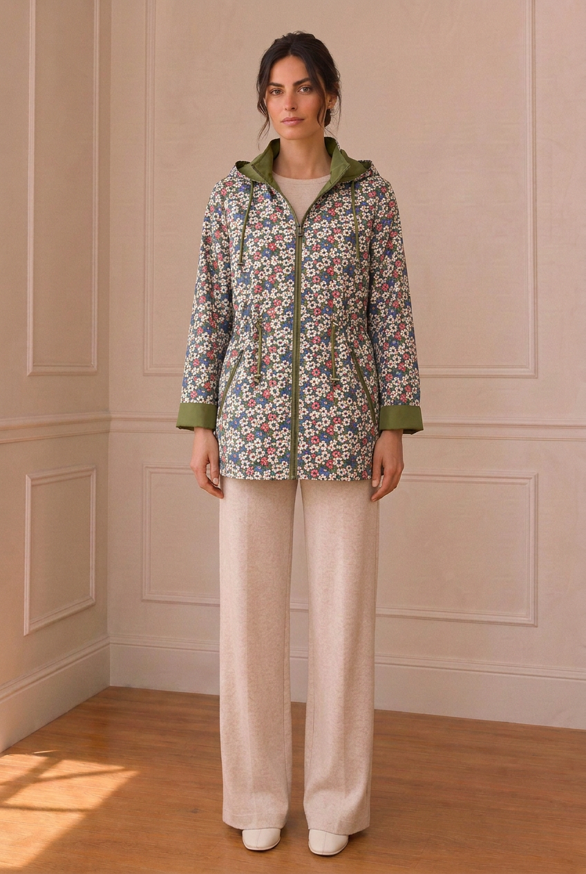 Modelo con el lado floral del chubasquero reversible