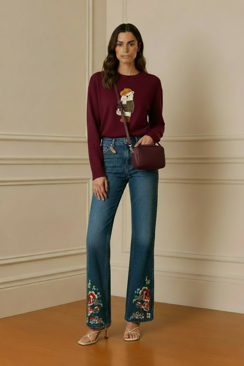 Modelo con jersey burdeos osito y vaqueros bordados floral