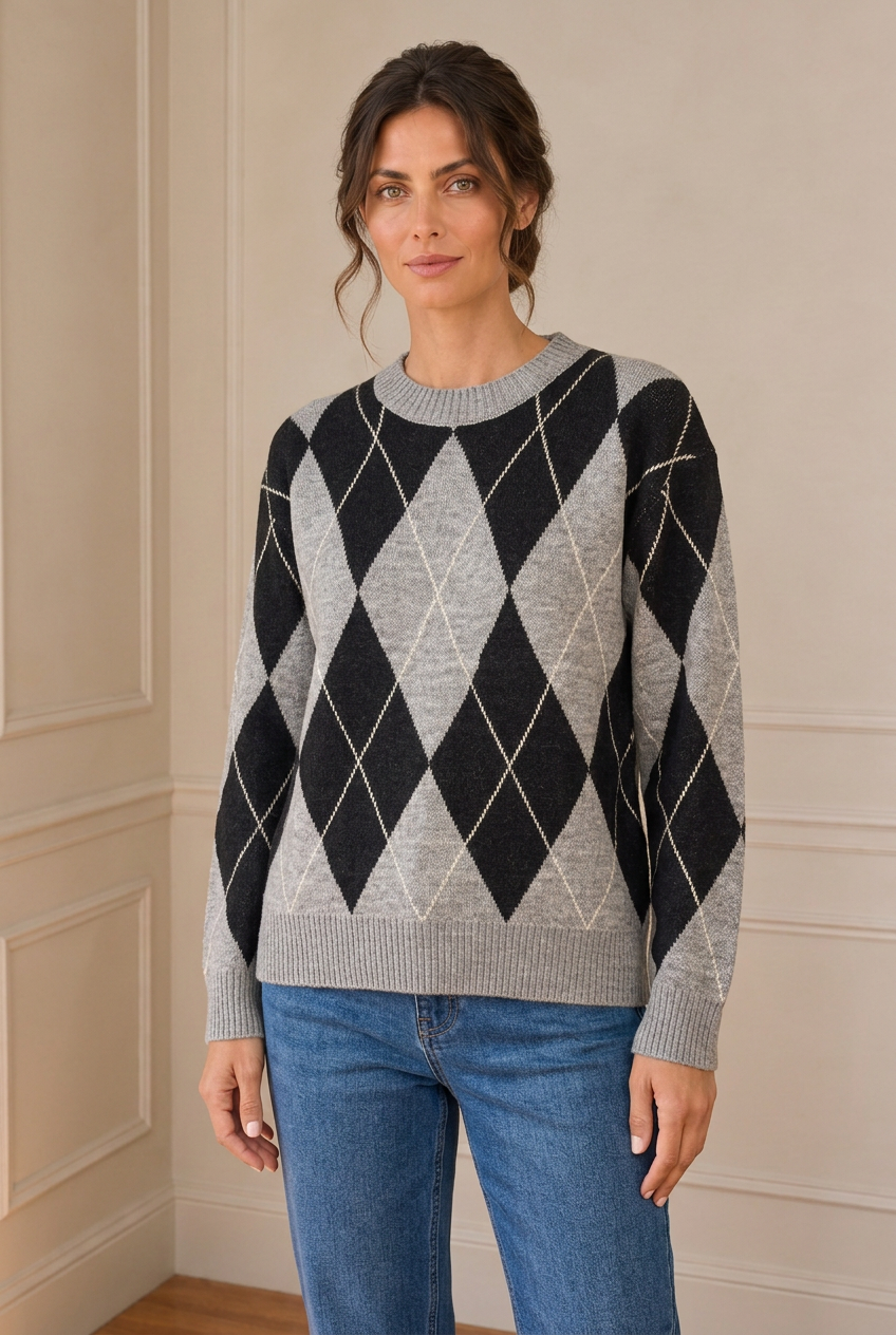 Modelo con jersey de rombos gris y negro y vaquero, en plano de tres cuartos