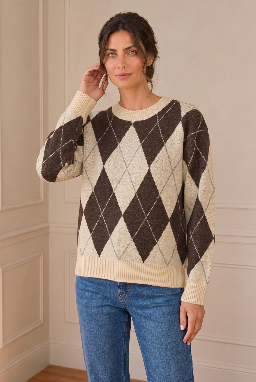 Modelo con jersey de rombos marfil y marrón y vaquero, en una nueva postura