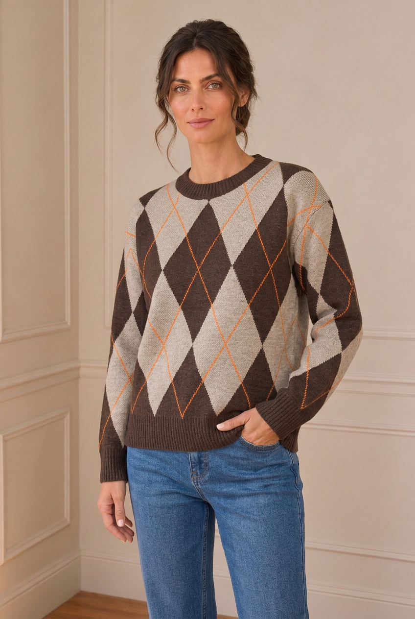 Modelo con jersey de rombos marrón y beige, vaquero y nueva postura