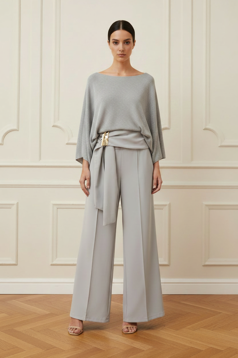 Modelo con jersey oversize plateado manga murciélago y palazzo gris