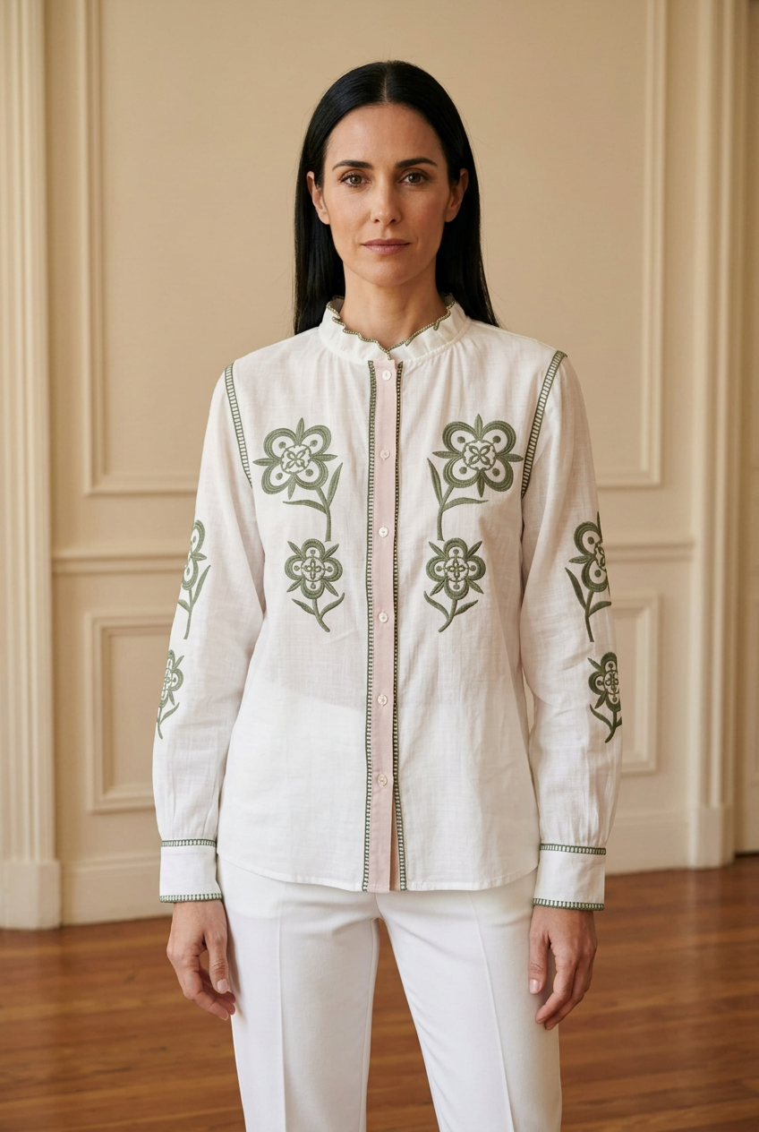 Modelo con la camisa blanca de bordado verde