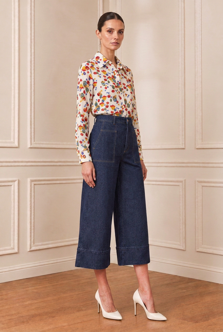 Modelo con la camisa de estampado multicolor, pantalón denim y zapatos blancos