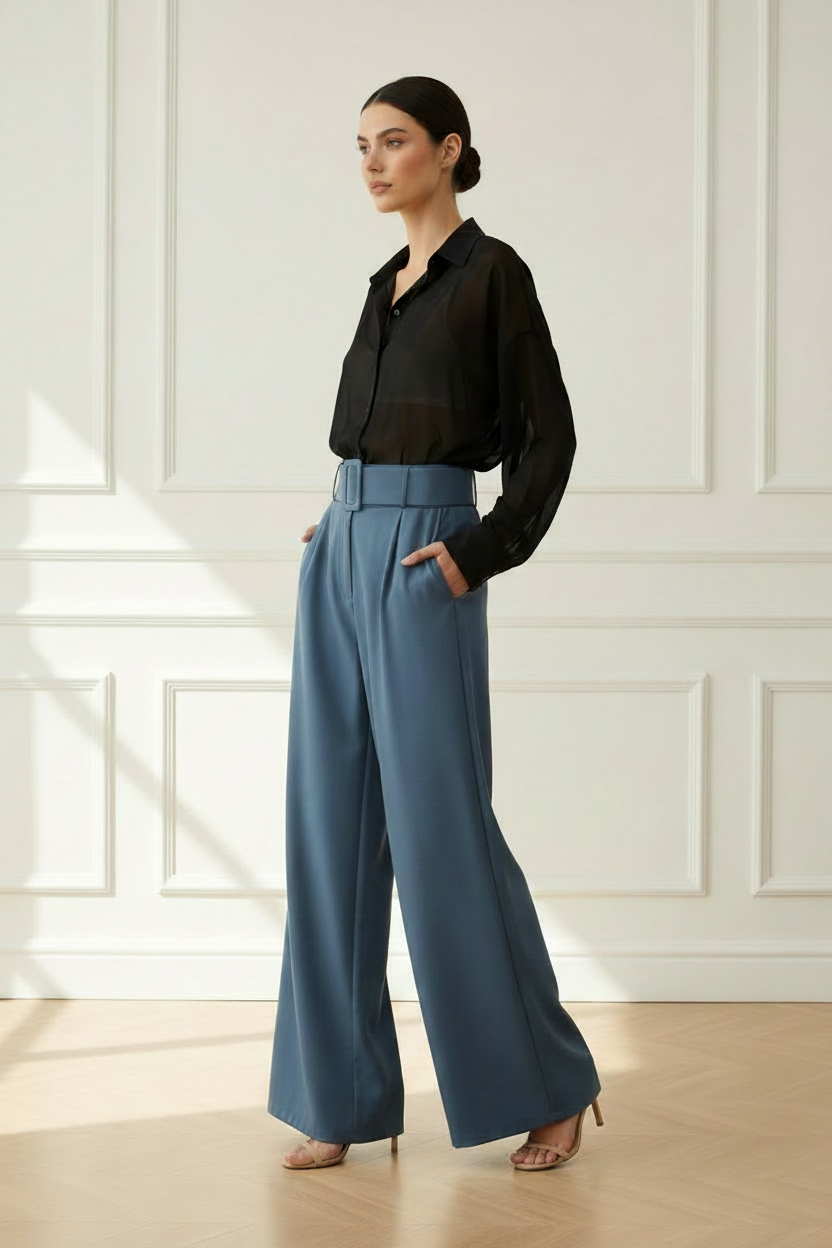 Modelo con pantalón azul y camisa floral