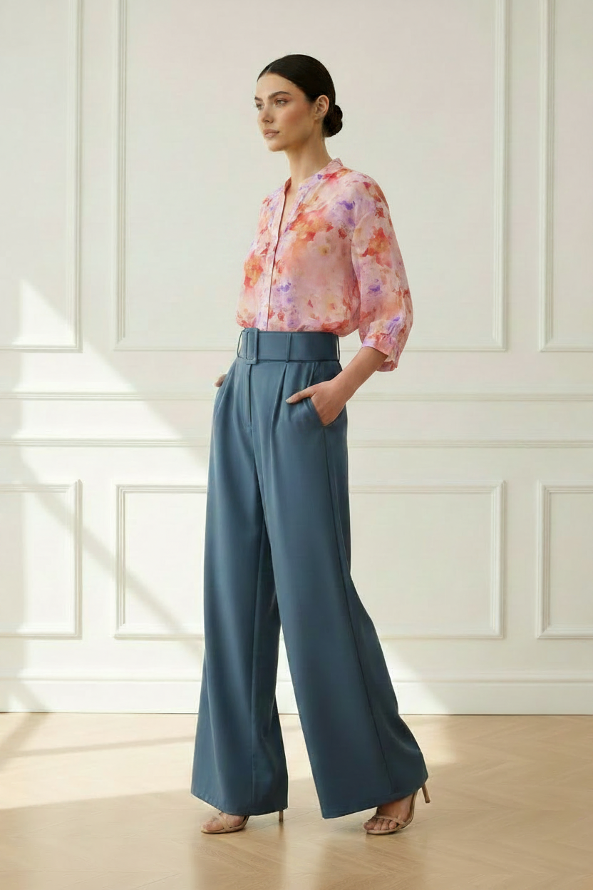 Modelo con pantalón azul y camisa mariposas