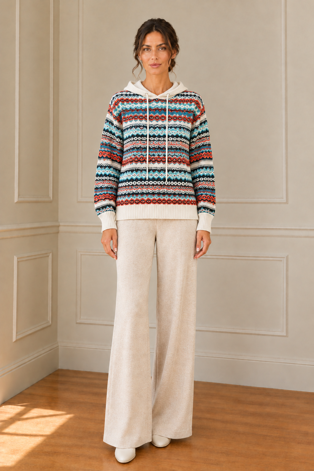 Modelo con pantalón crudo y jersey estampado con capucha en blanco lechoso
