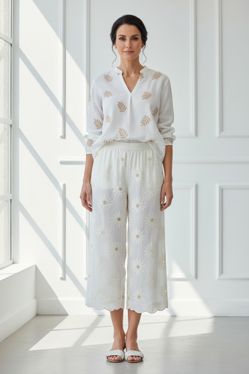 Modelo con pantalón tobillero bordado