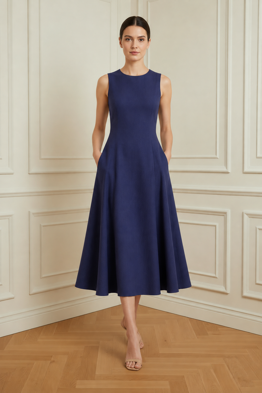 Modelo con vestido azul marino en la misma sala