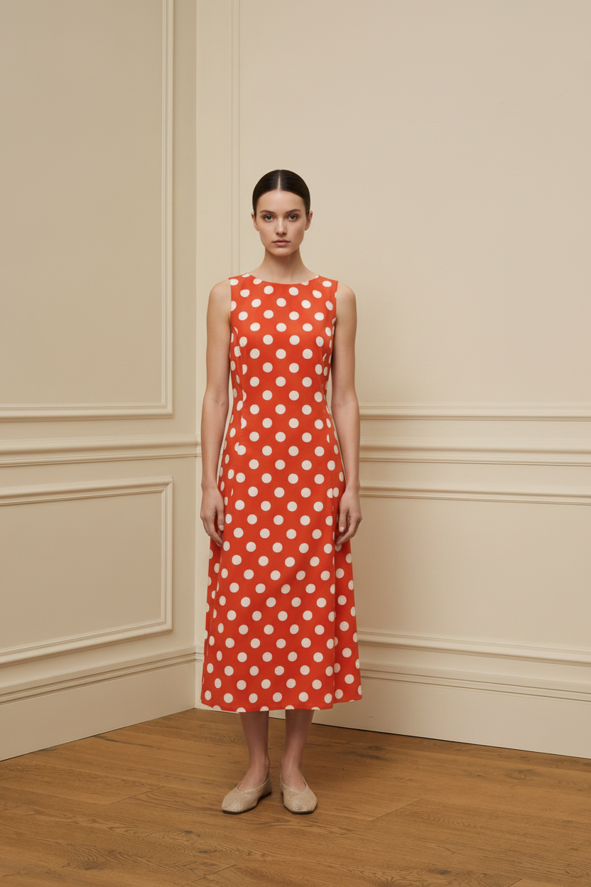 Modelo con vestido naranja lunares crema