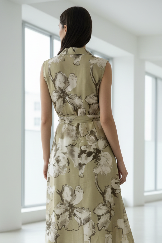 Modelo con vestido verde oliva espalda