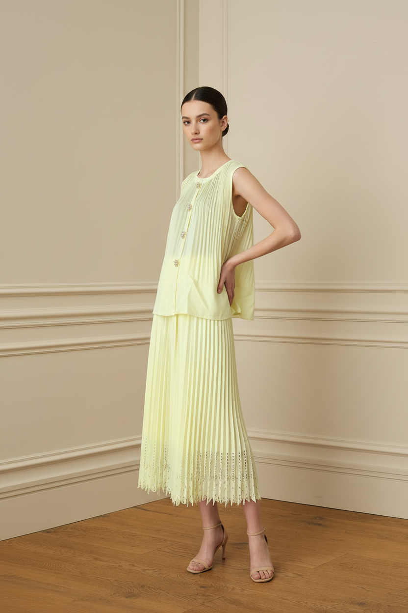 Modelo conjunto amarillo limón postura 3/4 sala cruda