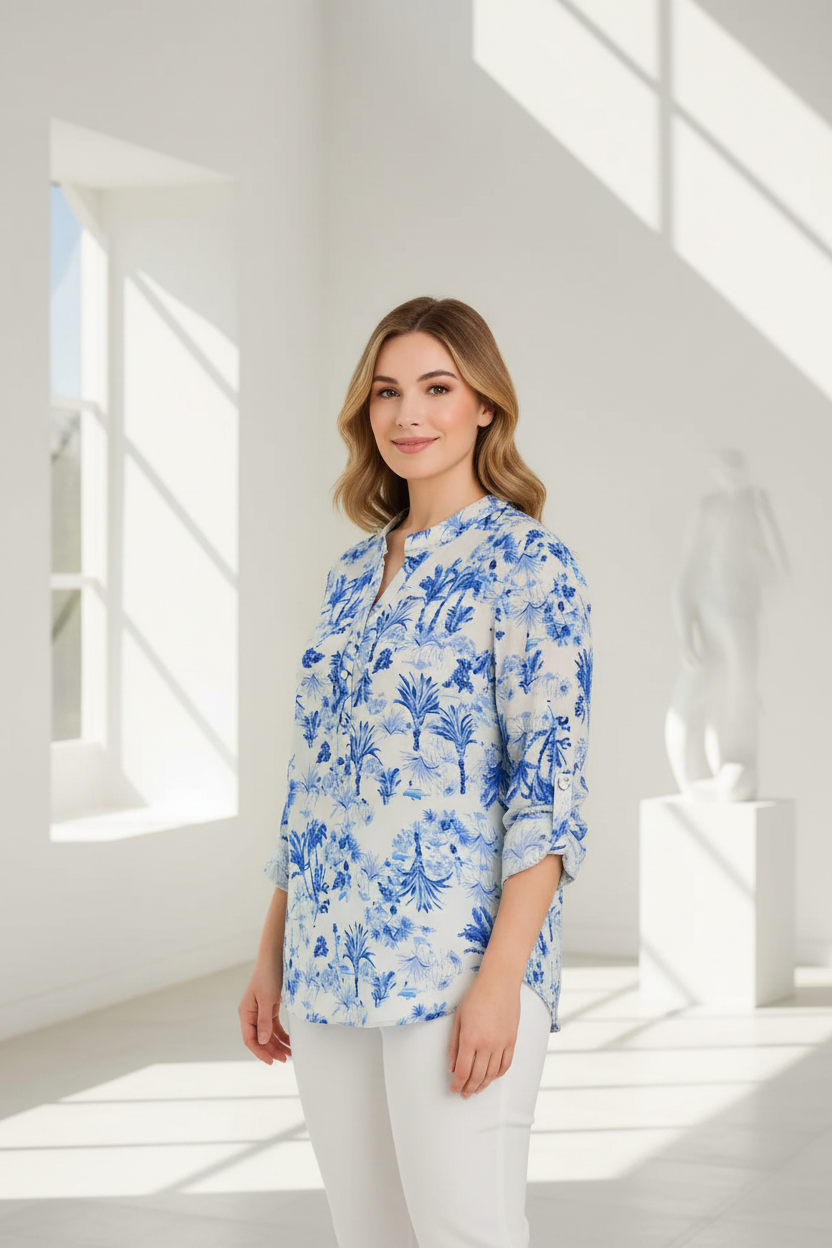 Modelo curvy con camisa floral mangas recogidas