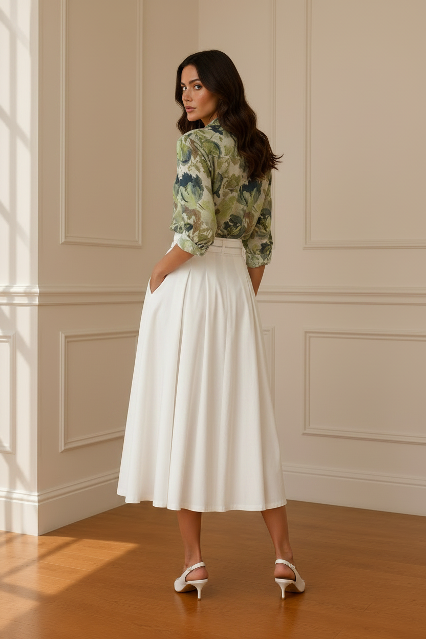 Modelo de espaldas camisa floral verde falda blanca variante