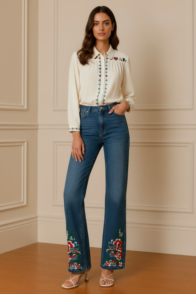 Camisa bordada corazones crema — vista frontal