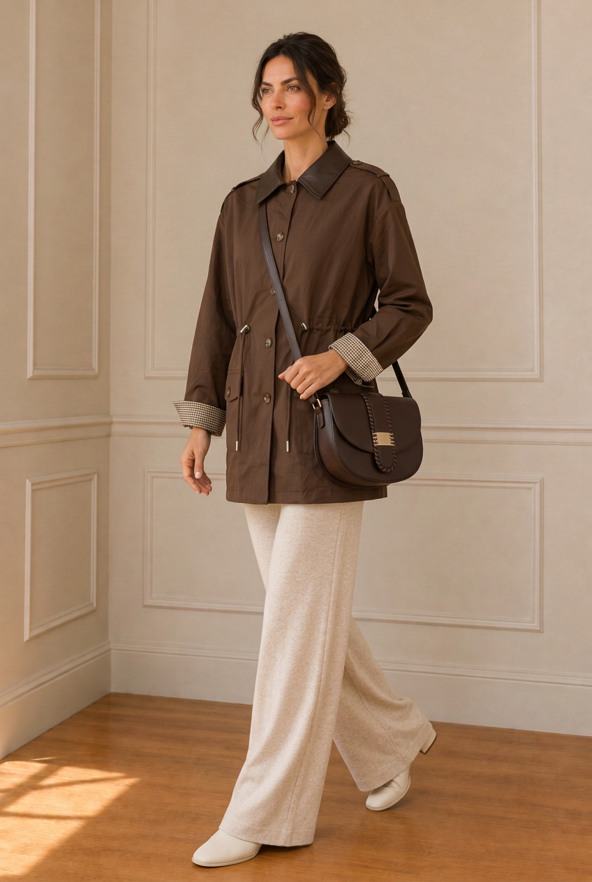 Modelo de tres cuartos con bolso cruzado