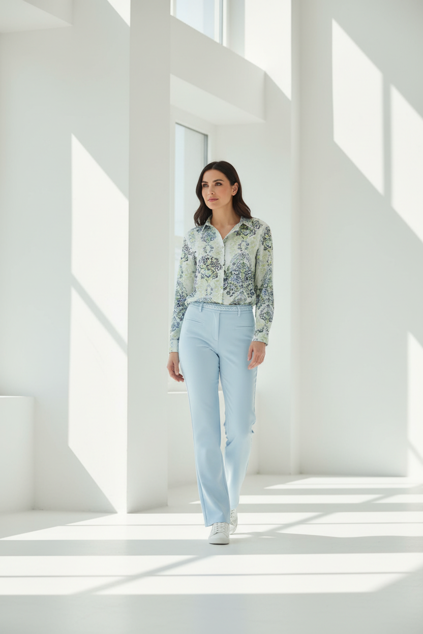 Modelo delgada con camisa paisley y pantalón azul talle alto