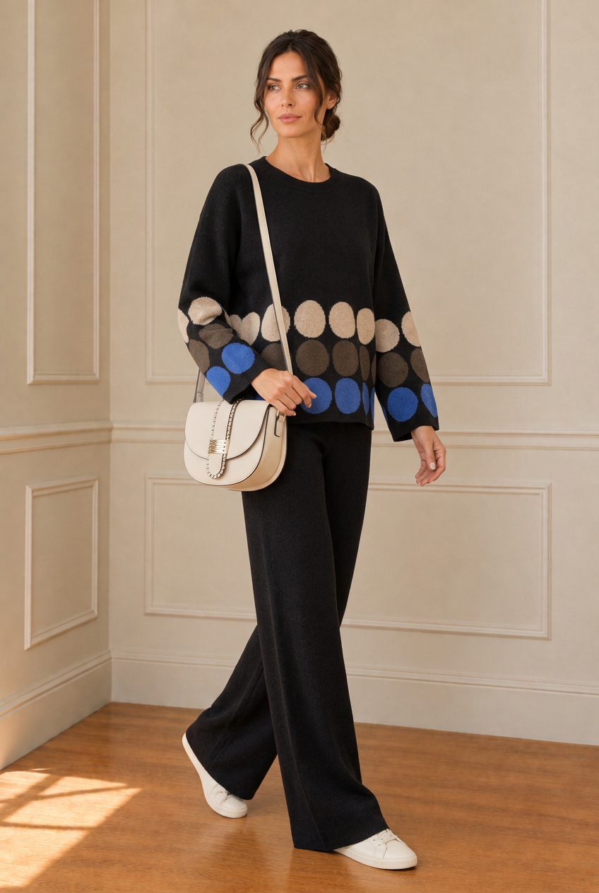 Modelo en tres cuartos con bolso beige
