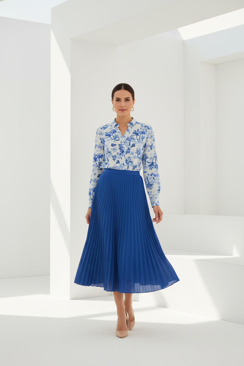Modelo española 45 años con camisa floral azul
