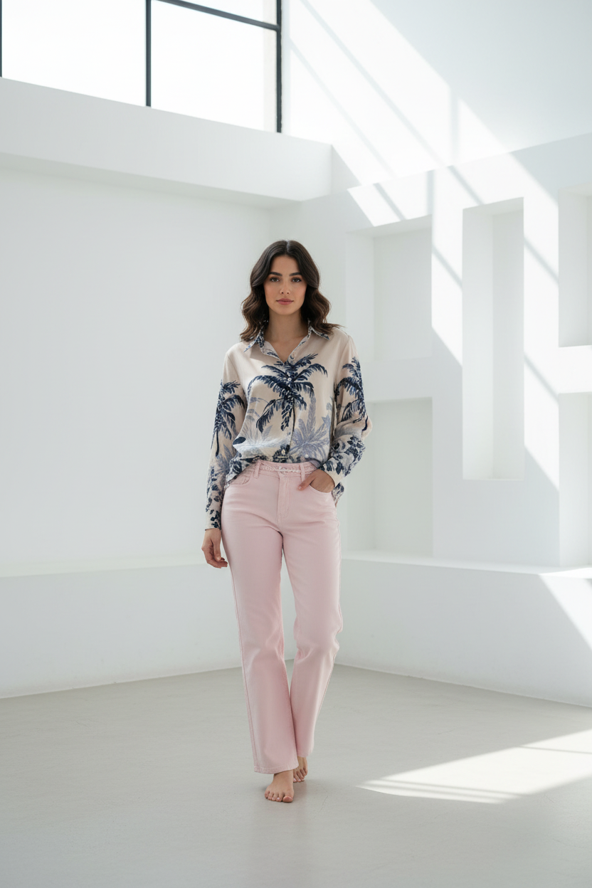 Modelo española con camisa de palmeras y pantalón recto rosa