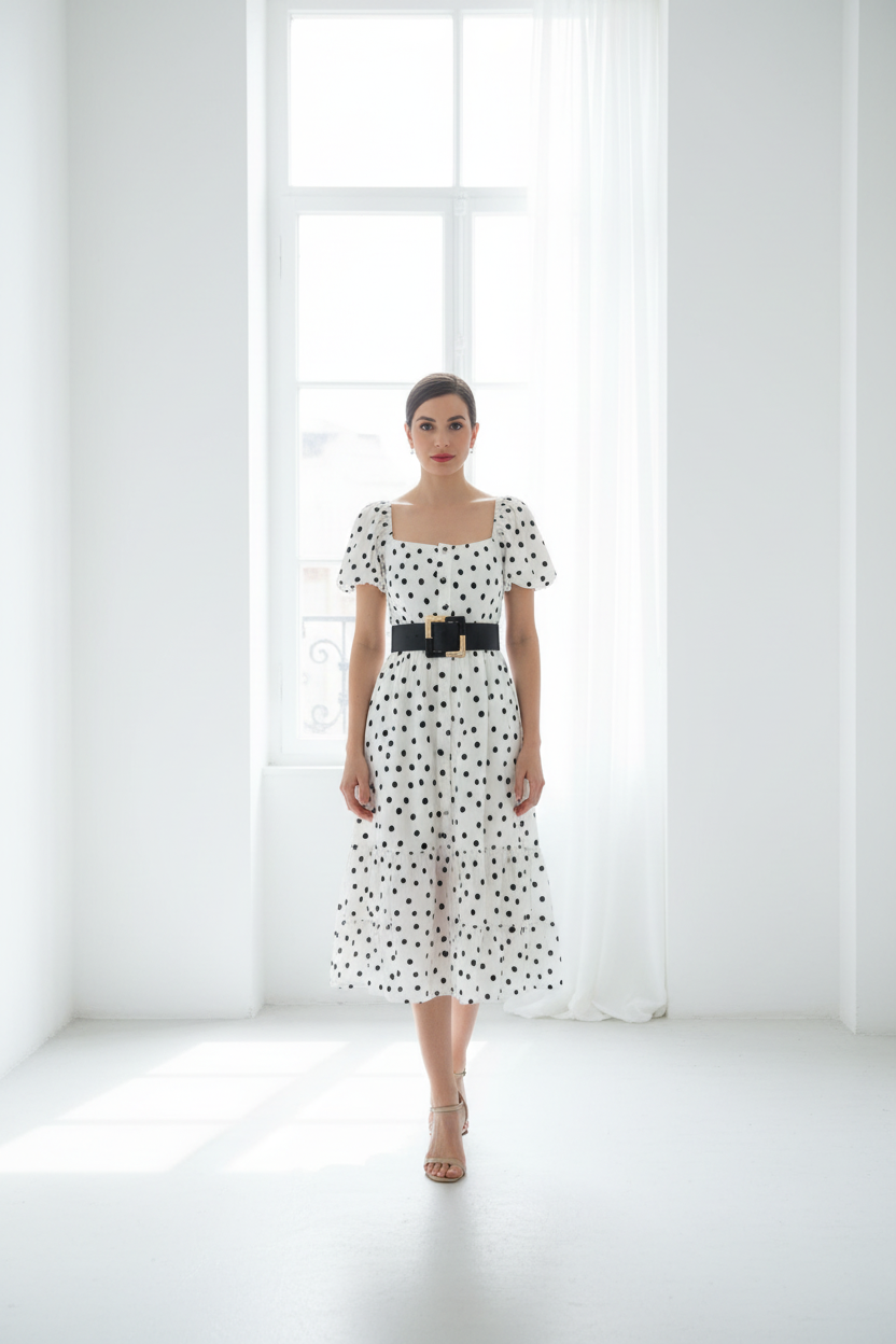 Modelo española con vestido de lunares y sandalias