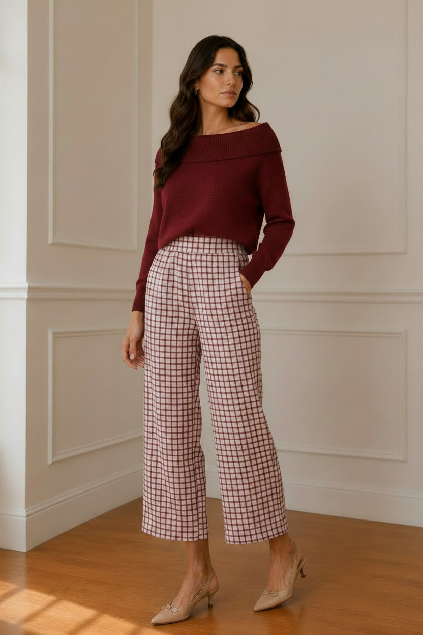 Modelo jersey granate bardot con pantalón vichy rosa granate