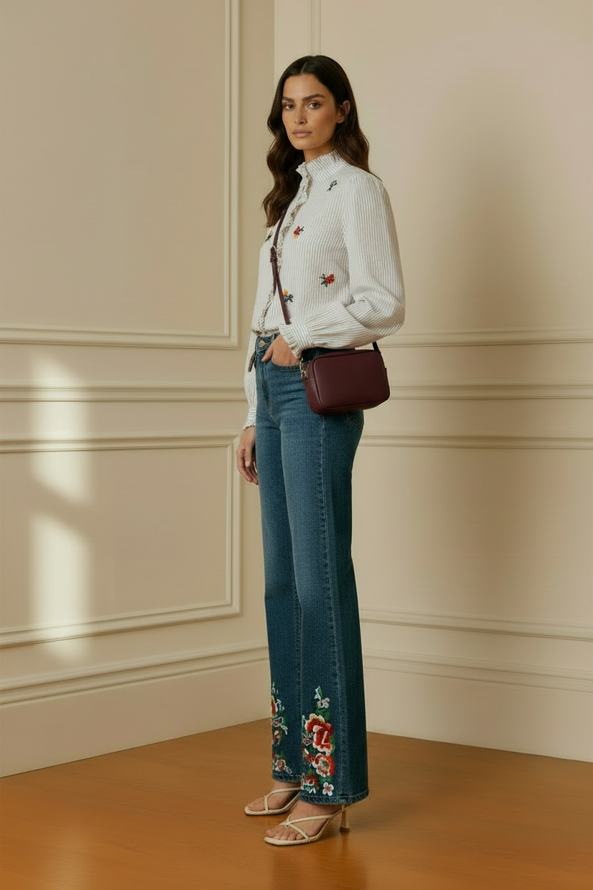 Modelo con blusa blanca de rayas con bordados florales, vista lateral