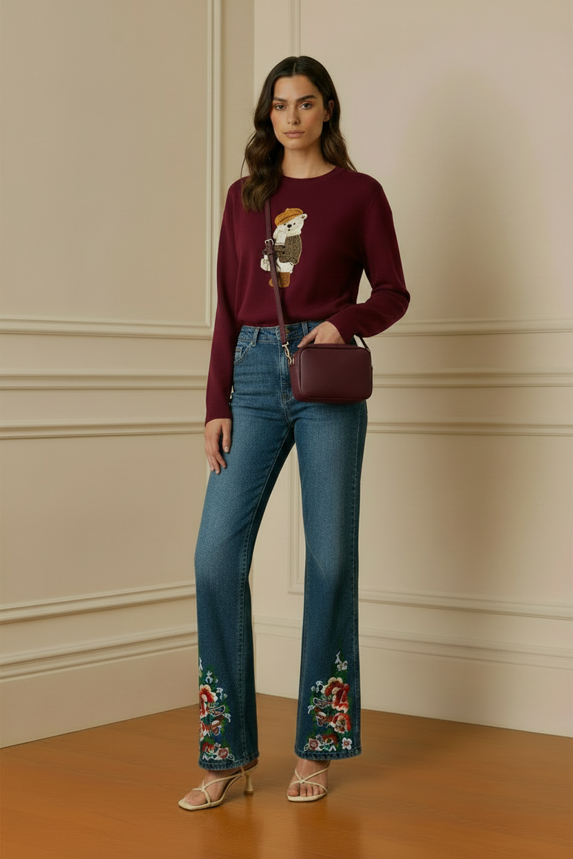 Modelo con jersey burdeos osito bordado y vaqueros