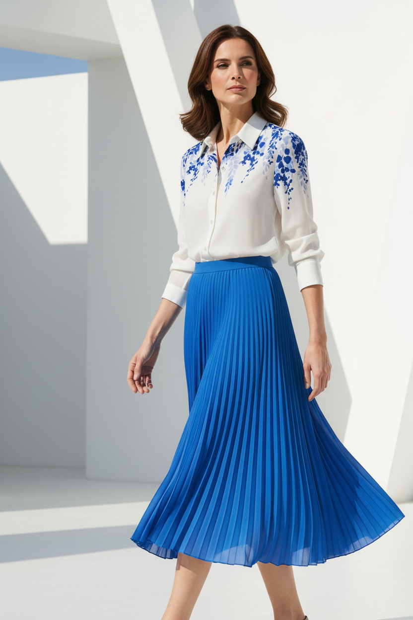 Modelo madura con camisa flores azules y falda azul