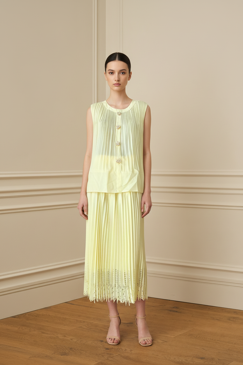 Modelo real conjunto plisado amarillo limón sala cruda