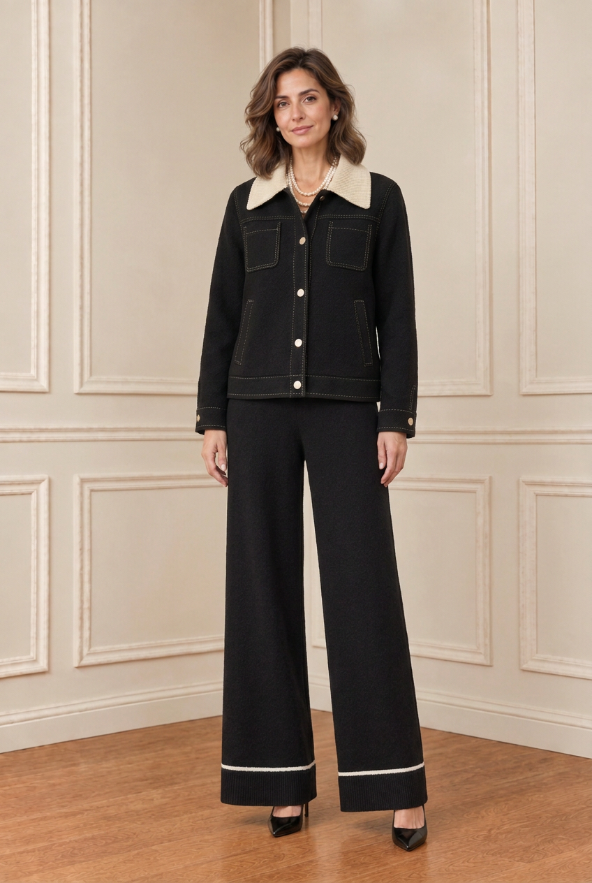 Modelo sola con chaqueta negra de cuello marfil y pantalón negro
