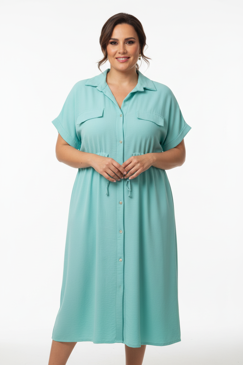Vestido camisero verde menta cinturón talla única mujer muestrarios moda mediana edad vista frontal mujer talla grande