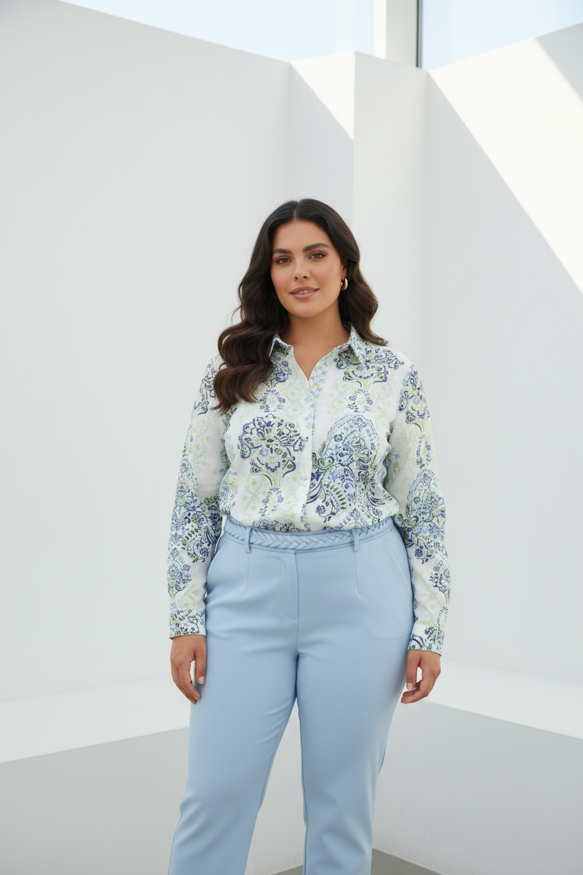 Modelo talla XL con camisa paisley y pantalón azul en espacio arquitectónico