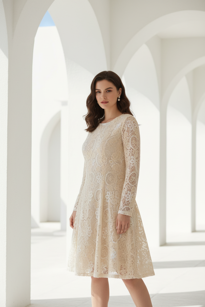 Modelo talla XL treintañera con vestido de encaje beige
