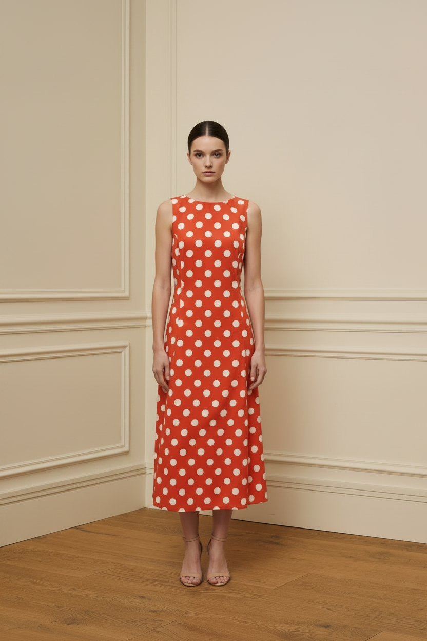 Modelo vestido naranja con sandalias de tacón