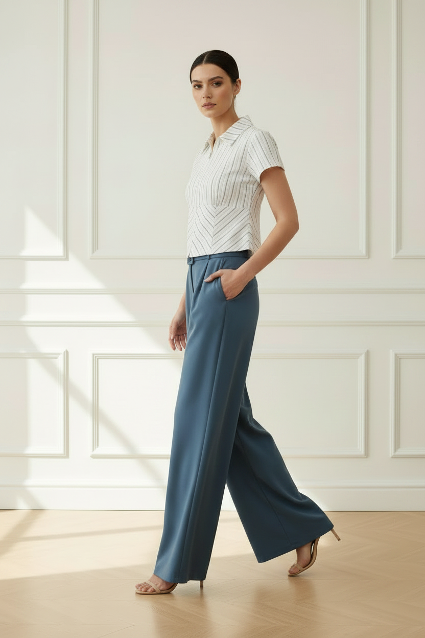 Camisa polo rayas doradas blanca - en movimiento con palazzo azul