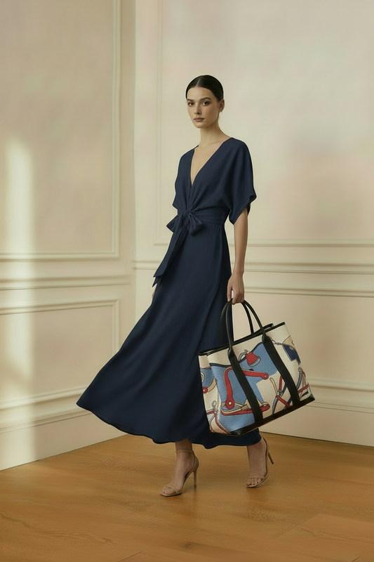 Movimiento - vestido azul con bolso ecuestre