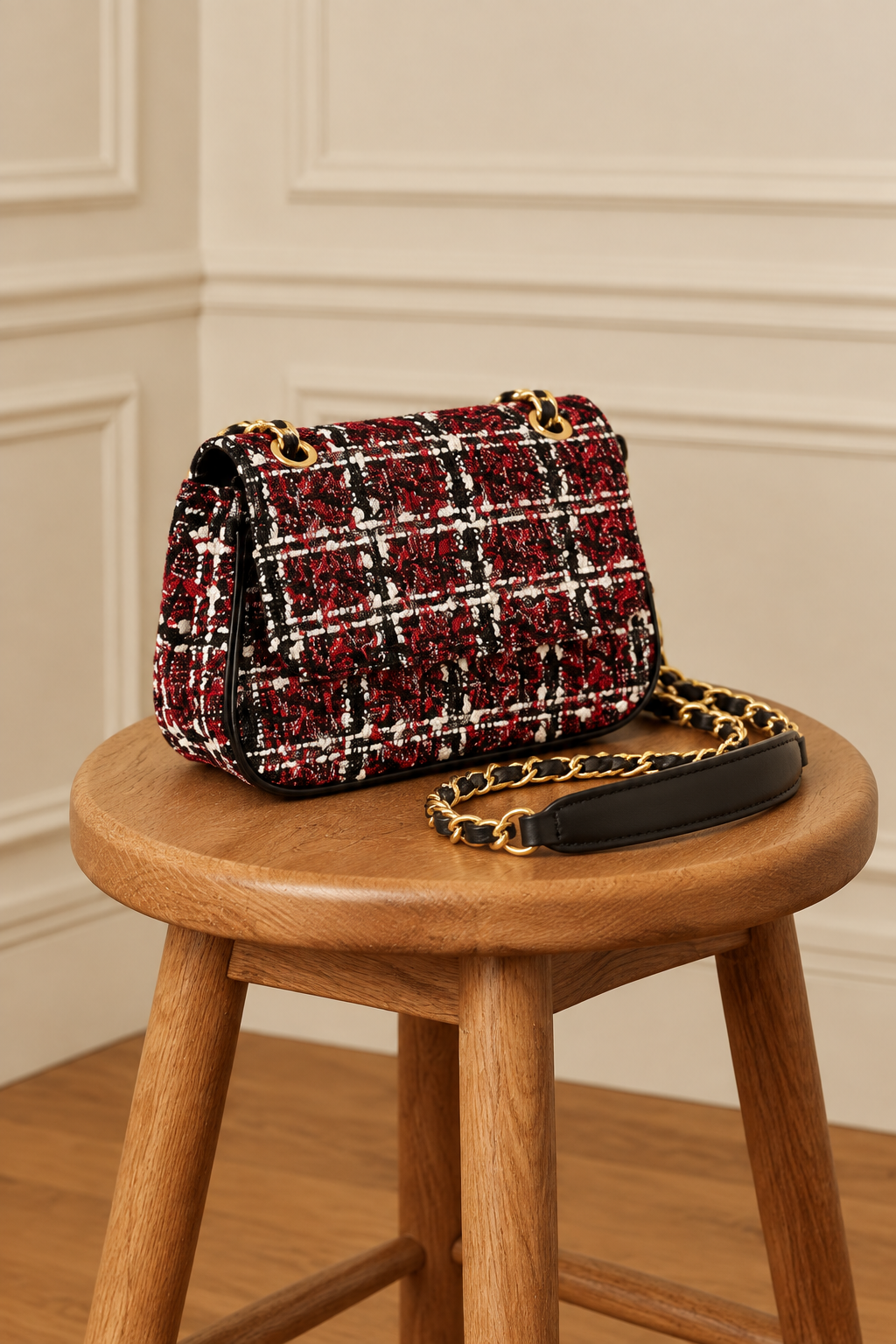 Nueva vista del bolso de cadena rojo-granate