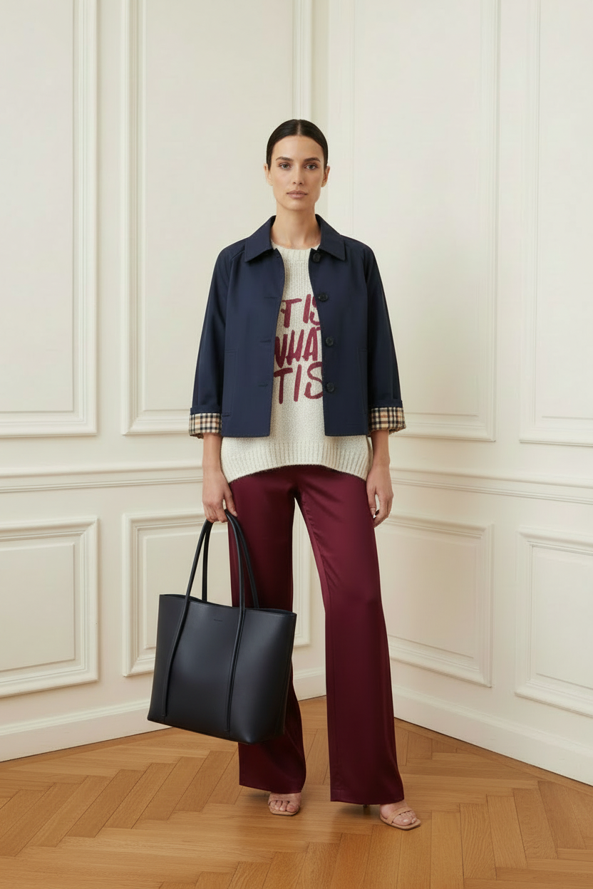 Outfit con tote azul marino frontal