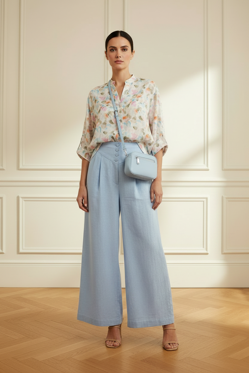 Pantalón azul cielo + camisa floral azul rosa + bolso celeste