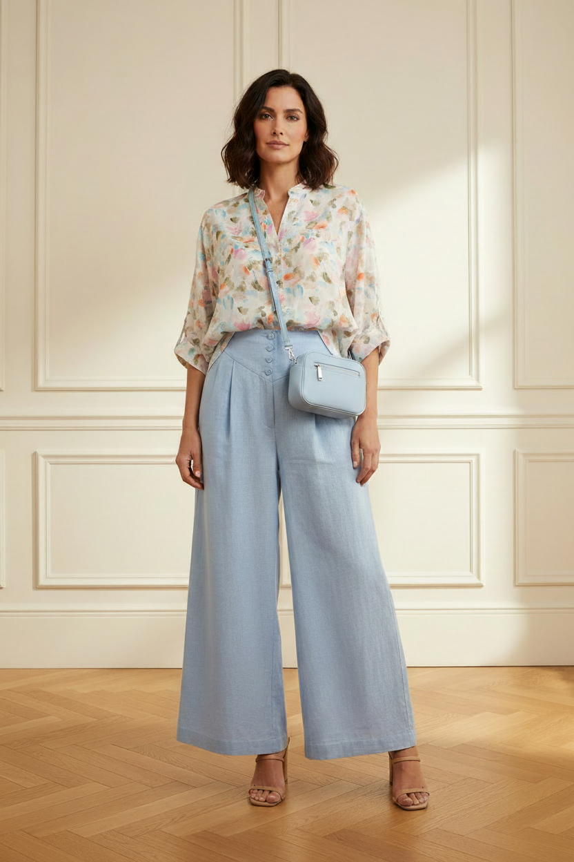 Pantalón azul cielo + camisa floral + bolso azul celeste