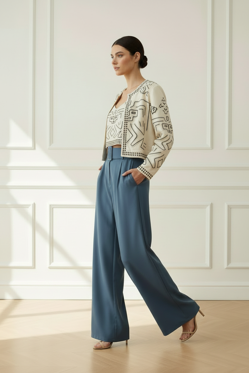 Top étnico crema con pantalón azul wide leg